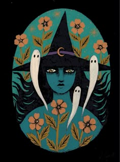 a woman wearing a witches hat with two white birds on her head, surrounded by flowers and leaves