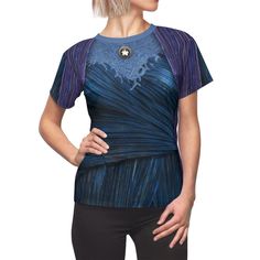 a woman wearing a t - shirt with an abstract design on the front and back