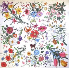 Classic Gucci floral scarf designed by the artist Vittorio Accornero. Flowers of every color against a white background, all framed by a jet black border. Hand-rolled hand-sewn hems. Gucci Floral, Every Color, Floral Scarf, Scarf Design, Black Border, Scarfs, Jet Black, Hand Sewn, The Artist