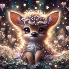 a painting of a little fox sitting in the middle of some flowers and hearts on it's head