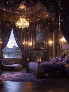 a luxurious bedroom with purple and gold decor, chandelier, fireplace and bed