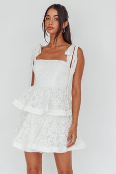 Shop the Neriah Tied Shoulder Tiered Lace Mini Dress White | Selfie Leslie Layer Skirt, White Lace Mini Dress, Selfie Leslie, Yellow Bridesmaids, Brunch Dates, Veil Hairstyles, Mini Dress White, Skirt Zipper, Blue Bridesmaids