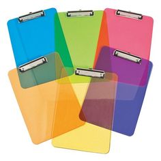 four colored clipboards with the words office supplies written on them and an image of three different colors