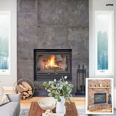 a living room filled with furniture and a fire place in front of a stone fireplace