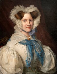 a painting of a woman wearing a white dress and blue ribbon around her neck,