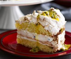 a piece of cake sitting on top of a red plate