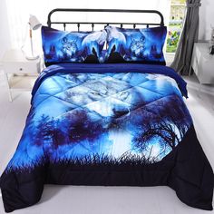 a bed with two wolfs on it