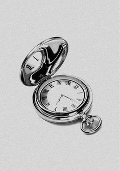 a black and white photo of an open pocket watch with a chain attached to it