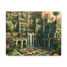 an artistic painting of a city with waterfalls