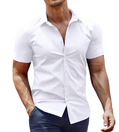 PRICES MAY VARY. Fabric- Made of stretchy and breathable fabric, this muscle fit drss shirt provides a comfortable and relaxed fit all day long. Design- Mens casual button shirts feature short sleeve, spread collar, solid color, patch pocket. The shirt is stretchy and conforms to the arms. It's tapered appearance and clean look makes the shirt wearable in any occasion Easy to Match - Pair this mens short sleeve button down shirt with jeans or shorts for a casual, everyday look. Or with a well-ta Fitted White Shirt Solid Color, Fitted Solid White Shirt, Fitted White Solid Color Shirt, Summer Stretch Solid Color Shirt, Solid Color Collared Dress Shirt For Summer, Solid Collared Dress Shirt For Summer, Solid Color Summer Dress Shirt With Collar, Summer Solid Color Collared Dress Shirt, Classic Short Sleeve Solid Color Shirt