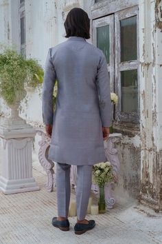 Grey kurta with bead, french knots embroidery in floral placement pattern. Paired with trouser. - Aza Fashions Silk Sherwani With Embroidery For Reception, Wedding Fitted Churidar With Floral Embroidery, Unstitched Dori Work Suit For Eid, Embroidered Fitted Churidar For Wedding, Fitted Embroidered Churidar For Wedding, Reception Sherwani With Floral Embroidery, Fitted Silk Sherwani With Dabka Work, Embroidered Fitted Sherwani For Reception, Floral Embroidered Sherwani For Reception During Eid