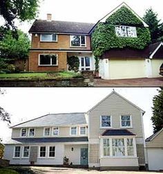 before and after pictures of a house with ivy growing on the roof, from top to bottom