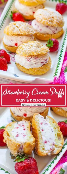 strawberry cream puffs on a plate with strawberries