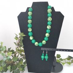 Pretty Wood Bead Set Green With Flower Design Measures 20" In Length Hook Style Earrings Hang 1 3/4" New #28 Boho Natural Spring Summer Flowers Nature Gypsy Hippie Bohemian Green Necklaces With Matching Earrings, Elegant Green Beaded Necklaces With Wooden Beads, Bohemian Green Necklace With Matching Earrings, Handmade Green Jewelry Sets With Round Beads, Elegant Green Wooden Beaded Necklaces, Elegant Green Beaded Necklace With Wooden Beads, Green Wooden Beads Beaded Necklace For Gift, Green Wooden Beads Necklace For Gift, Green Wooden Bead Round Jewelry