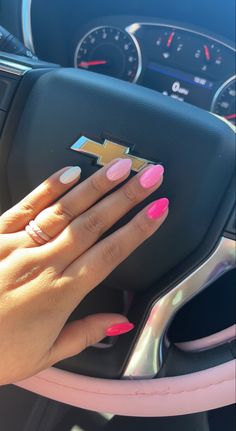 Different Shades Of Pink Nails Almond, All Different Pink Nails, Nails With Different Shades Of Pink, Different Shades Pink Nails, Pink Nails All Different Shades, Pink Gradient Nails Short, Short Almond Hot Pink Nails, Barbie Nails Short Almond, Short Nails 2023 Trends Summer Pink