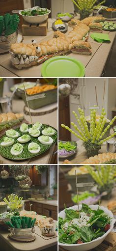 several pictures of food on a table with green plates and utensils in them