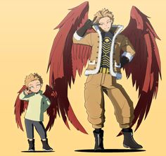 two anime characters with large red wings on their shoulders, one holding his head and the other looking at him