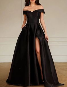 Pedida Formal Negro Vestidos de novia Corte A Hombros Caídos Sin Mangas Cola de Corte Satén Vestidos de novia Con Plisado Frontal Abierto 2024 2024 - $143.99 Black Off Shoulder Wedding Dress, A Line Lace Off The Shoulder Wedding Dress, Black Engagement Party Dress, Black Formal Dress Wedding Guest, Black Elegant Wedding Dress, Black Wedding Dress Satin, Black Silk Wedding Dress, Black Flowy Prom Dress, Black Satin Wedding Dress