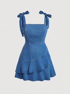 Women's Casual Denim Dress With Ruffled Hem And Adjustable Straps, Summer Blue Casual  Sleeveless Denim Plain Cami Non-Stretch  Women Clothing, size features are:Bust: ,Length: ,Sleeve Length: Diy Denim Dress From Old Jeans, Belly Conklin Outfits, Pastel Clothes, Rp Outfits, Denim Sundress, Casual Denim Dress, Style Bleu, Jean Dresses, Trendy Fits