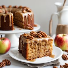 a slice of cake on a plate with pecans around it and an apple in the background