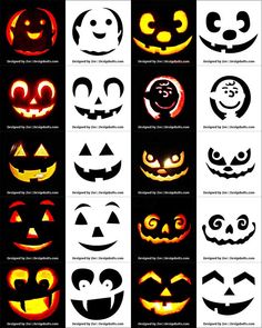 halloween pumpkins with different faces and eyes, all lit up in the same light