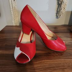 Nwot. Tried On In My Home. These Vintage Looking Pumps Are So Cute And Perfect If You Like Dressing Vintage Or Pinup! Size 10. Retro, Vintage, Pinup, B.A.I.T. Footwear, 50s, 60s, 40s Retro Red Heels For Spring, Retro Red Heels For Summer, 60s Shoes, Red Pumps, Vintage Pinup, My Home, Shoes Women Heels, Pin Up, Red White