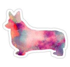 a watercolor sticker of a dog on a white background with the colors of pink, purple, and red