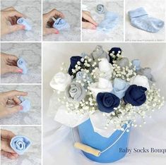 three pictures showing how to make baby socks out of fabric and flowers in a vase