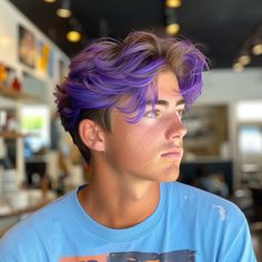 Colored Hair Men Ideas, Hair Dye Styles For Short Hair Men, Boys Hair Colour, Guy Colored Hair, Men Hair Color Ideas, Coloured Hair Men, Hair Dye Colors For Short Hair Men, Man Hair Color Ideas Guys, Purple Hair Guy