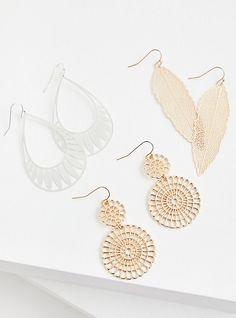 This set of earrings features one feather pair in gold, one teardrop pair in silver, and one circle filigree pair in gold, so you can match your outfits to your liking.   Set of 3 . French hooks. Base metal. Imported. The best plus size women's gold-tone & silver-tone feather earrings set - of 3 sets in gold. Torrid is your destination for the freshest spring and summer styles. Fitted Wedding Dress, Summer Styles, Feather Earrings, Softest Sweater, Diy Jewellery, Earrings Set, Base Metal, Polymer Clay Earrings, Clay Earrings