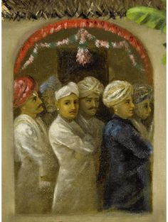 a painting of people standing in front of a mirror