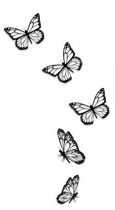 three butterflies flying in the air on a white background with black and white outlines