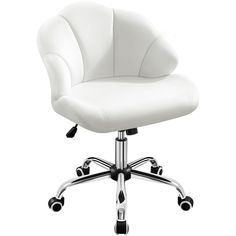 a white office chair with chrome wheels and casteors on an isolated white background, viewed from the front