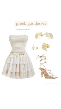 a white dress with gold accessories on it and the words greek goddesss written below