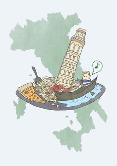 a drawing of a boat filled with food floating on top of a lake next to a map