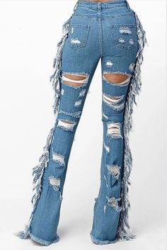 High Rise Flare Jeans w/ Front & Back Heavy Destroyed & Side Denim Tassel. These jeans are super stretchy and tall girl friendly. 99% Cotton / 1% Spandex Ripped Stretch Flare Jeans, Cheap Women's Fringe Jeans, High Rise Denim Blue Jeans With Fringe, High-rise Denim Blue Jeans With Fringe, Distressed High-rise Blue Flare Jeans, Plain Jeans, Fringe Jeans, Snake Print Boots, Face Mask Black