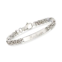 Ross-Simons - Name - Italian Sterling Silver Byzantine Bar Bracelet. 7". From Italy, our classic sterling silver Byzantine bracelet gets a modern update with a sleek bar centerpiece. FREE engraving of a name with up to 12 characters in your choice of block or script type. An enduring piece with just-right contemporary appeal! Lobster clasp, sterling silver personalized Byzantine bar bracelet. Silver Quince, Byzantine Rings, Byzantine Necklace, Curved Bar Necklace, Extraordinary Jewelry, Bar Bracelet, Silver Jewellery Sets, Id Bracelets, Bar Bracelets