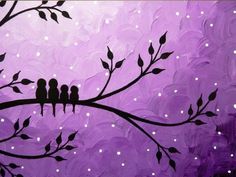 a painting of three birds sitting on a tree branch in front of a purple background