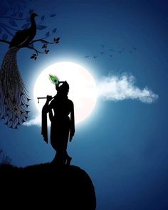 the silhouette of a man with a bird on his shoulder, standing in front of a full moon