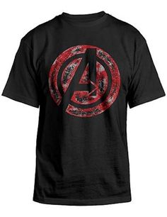 the avengers logo on a black t - shirt with red paint splattered over it