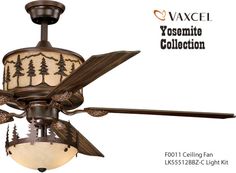 a ceiling fan with lights on it and the words vacei yosemite collection above it