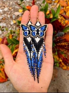 Tribal Earrings Native Large Boho American Seed Beads Handmade Earring Beaded Butterfly, Beaded Fringe Earrings, Native American Beaded Earrings, Blue Butterflies, Handmade Earring, Native American Beading, Handcrafted Artisan Jewelry, Beads Handmade, Beaded Fringe