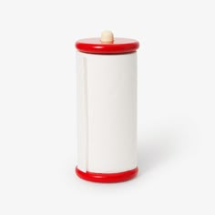 a spool of white and red thread with a wooden top on a white background