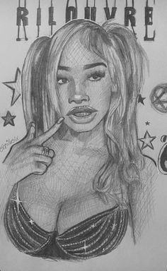 a pencil drawing of a woman with her finger in her mouth and stars around her neck