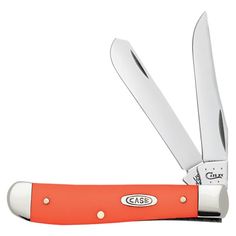 an orange and white swiss army knife with two knives in it's blades, on a white background