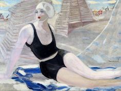 a painting of a woman in a bathing suit sitting on the beach with an umbrella over her head