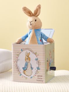 a stuffed rabbit sitting inside of a box