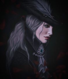 a painting of a woman with long hair wearing a black hat and feather on her head