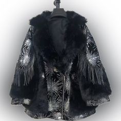 Faux Fur Sequin Silver Tassel Drop Waist Winter Coat In Cream This Listing Is For The Black One With Silver Tassels Simply Gorgeous First 3 Pics, Denim Jacket With Hoodie, Womens Faux Fur Coat, Womens Quilted Jacket, Navy Blue Jacket, Silk Cardigan, Open Front Sweater, Belted Jacket, Fleece Coat, Winter Coats Women