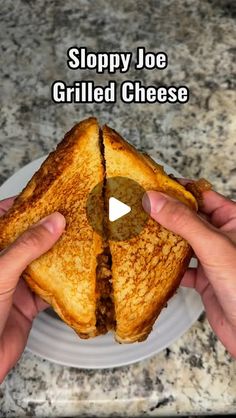 two hands holding a grilled cheese sandwich with the words sloppy joe grilled cheese